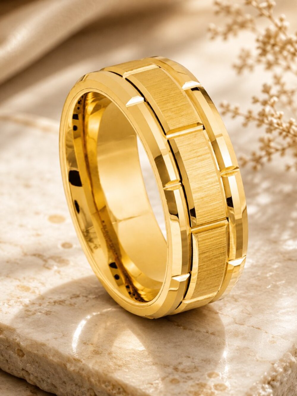 Gold Tungsten Ring with Brick-Pattern Brushed Center - GALTUN1090-7